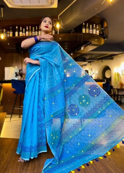 Royal Bloom – হ্যান্ড এমব্রয়ডারির এক্সক্লুসিভ হাফ সিল্ক শাড়ি | ১৩ হাত | ব্লক প্রিন্ট + ডলার ডিজাইন + ব্লাউজ পিস