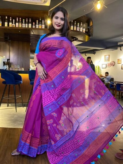 Royal Bloom – হ্যান্ড এমব্রয়ডারির এক্সক্লুসিভ হাফ সিল্ক শাড়ি | ১৩ হাত | ব্লক প্রিন্ট + ডলার ডিজাইন + ব্লাউজ পিস