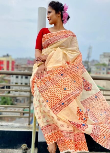Royal Bloom – হ্যান্ড এমব্রয়ডারির এক্সক্লুসিভ হাফ সিল্ক শাড়ি | ১৩ হাত | ব্লক প্রিন্ট + ডলার ডিজাইন + ব্লাউজ পিস