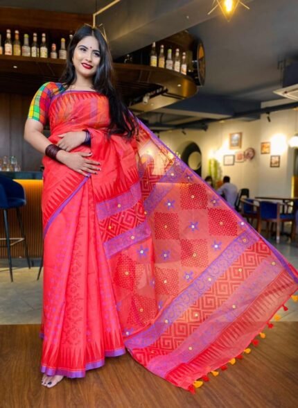 Royal Bloom – হ্যান্ড এমব্রয়ডারির এক্সক্লুসিভ হাফ সিল্ক শাড়ি | ১৩ হাত | ব্লক প্রিন্ট + ডলার ডিজাইন + ব্লাউজ পিস